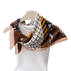 Vintage herringbone pattern square silk scarf in coffee and yellow with elegant drape
