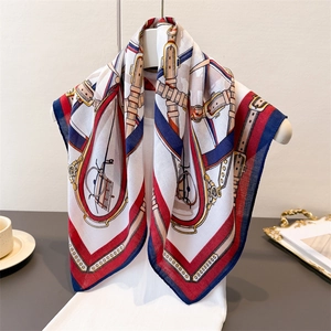 Vintage Horse Carriage Print Square Scarf French Retro Belt Buckle Pattern Satin Feeling Polyester Neck Scarf For Women