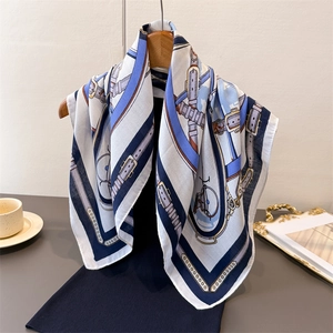 Vintage horse carriage pattern silk scarf with geometric belts on wooden hanger