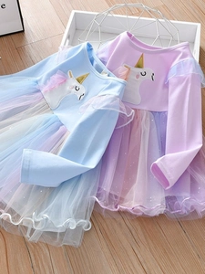 Robe de Princesse à Manches Longues pour Petites Filles Écusson Brodé Licorne Jupe en Tulle Arc-en-Ciel Automne