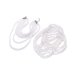 Layered white faux pearl necklace set with multi-strand beads and silver metal clasps