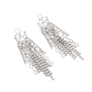 Elegant long silver tassel earrings with sparkling rhinestones for wedding and evening wear