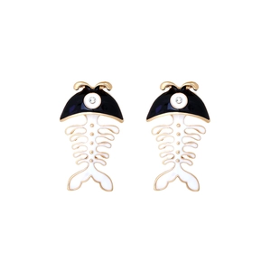 Cute fish bone stud earrings in black and white enamel with sparkling rhinestones