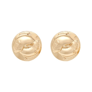 Retro golden Pisces zodiac stud earrings with embossed fish design in a circular shape