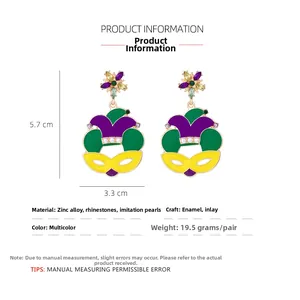 Detailed view showing dimensions and weight of Mardi Gras mask earrings with pearls