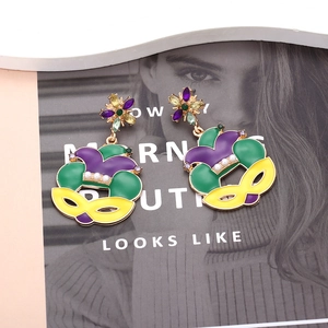 St. Patrick's Carnival earrings with enamel mask, pearls, and colorful crystals