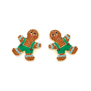 Cute gingerbread man stud earrings with sparkling rhinestones and colorful enamel detail