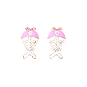 Cute pink and white enamel fishbone earrings with gold plating and sparkling zircon