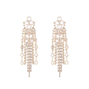 Luxury long gold fringe earrings with sparkling rhinestones and geometric crystal dangles