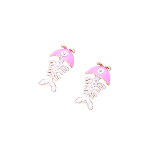 Detail of pink and white enamel fishbone earrings with sparkling rhinestone accents