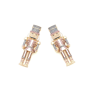 Christmas nutcracker soldier earrings with colorful rhinestones and gold metal base