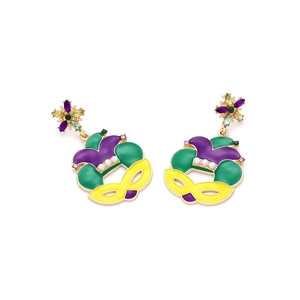 Detailed view of Mardi Gras mask earrings with enamel hat and colorful faux pearls