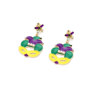 Carnival mask drop earrings with gold enamel, pearls, and colorful gemstones for St. Patrick