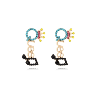 Boucles d'oreilles couronne Queen dorées avec strass colorés et perles d'imitation
