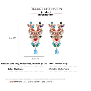 Detailed size chart for Christmas reindeer earrings with pearls and colorful rhinestones