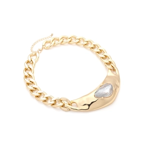 Retro chunky gold chain necklace with oversized irregular pendant and teardrop crystal