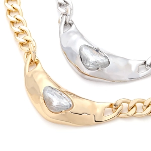Gold and silver chunky link chain necklace with irregular molten metal pendant and zircon
