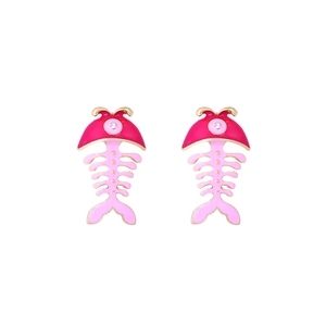 Pink enamel fishbone earrings with sparkling crystal accents and gold-plated alloy finish