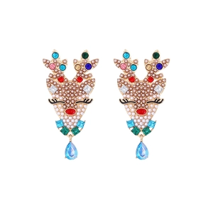 Christmas reindeer earrings with colorful rhinestones and blue pear-shaped drop pendants