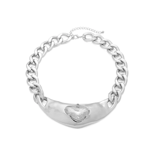 Silver chunky chain necklace with irregular metal pendant and clear water-drop crystal