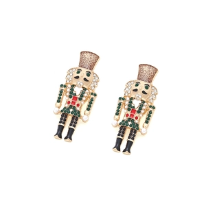 Exaggerated Nutcracker soldier drop earrings with colorful rhinestones for Christmas
