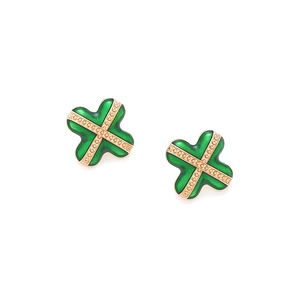 Retro style green enamel clover stud earrings with golden cross overlay and dot texture
