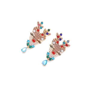 Christmas reindeer earrings with faux pearls and multicolor rhinestones on white background