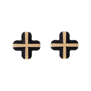 Fashionable black enamel four-leaf clover stud earrings with golden beaded border design