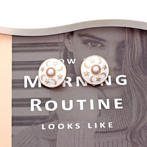 Retro round gold enamel earrings with faux pearl center and star moon celestial motif