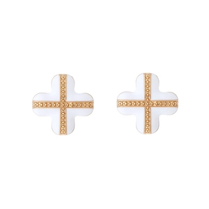 Minimalist gold and white four-leaf clover stud earrings with textured enamel detail