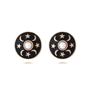 Vintage Round Stud Earrings Zinc Alloy Enamel Star Moon Design Imitation Artificial Pearl Stainless Steel Earring Post For Women