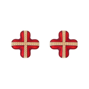 Golden cross earrings with red enamel inlay and vintage texture for women's fashion