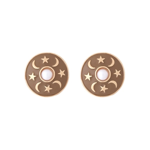 Retro round star moon stud earrings with enamel oil drip and pearl in rose gold finish