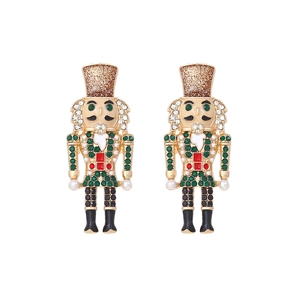 Festive Nutcracker soldier earrings with colorful crystals and white pearl drops