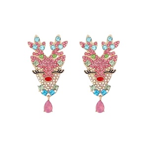 Sparkling Christmas reindeer earrings with colorful rhinestones and pink teardrop gems
