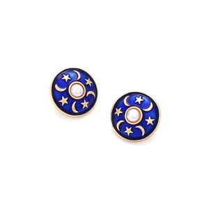 Detail of vintage round star and moon earrings with blue enamel and faux pearl inlay