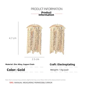 Detailed spec sheet for gold bird tassel earrings measuring 4.7cm by 2.5cm
