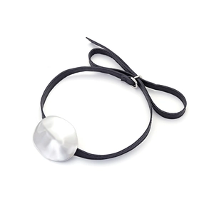 Irregular silver circular metal pendant on black PU leather cord choker necklace