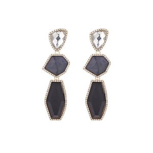 Long geometric drop earrings with tricolor resin stones and sparkling rhinestone border