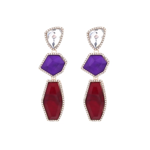 Three-tier geometric drop earrings with crystals and colorful resin stones on white background