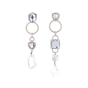 Asymmetric long crystal teardrop earrings with silver geometric rhinestones and dangling jewels