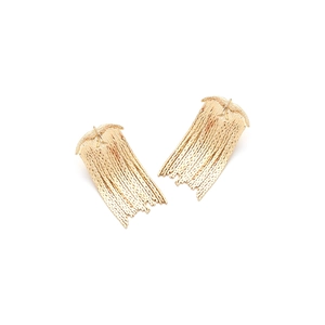 Detailed macro view of golden metal tassel earrings with textured bird-shaped top