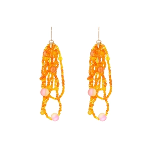 Bohemian handmade beaded tassel earrings with orange and yellow seed beads on white background