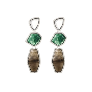 Detail of geometric drop earrings with multi-color resin layers and crystal border