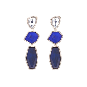 Long geometric earrings with blue crystals and rhinestone inlay on a white background