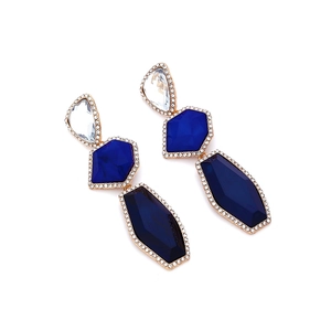 Detailed close-up of multi-layer geometric resin drop earrings with sparkling rhinestones