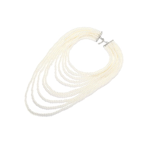 Close-up of ten-layer cascading white pearl necklace with adjustable silver lobster clasp
