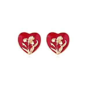 Vintage gold heart earrings with red enamel and embossed flower pattern for women