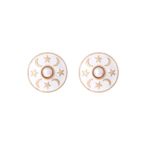Retro round enamel star and moon earrings with pearl inlay in gold finish