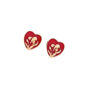 Elegant vintage heart earrings with red enamel and gold flower relief details